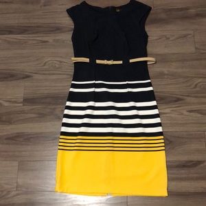 Navy, yellow and white belted dress